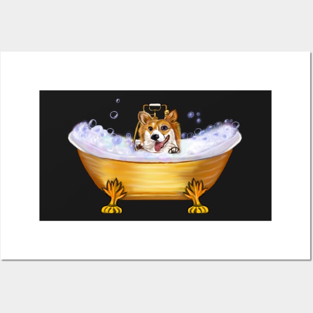 Corgi dog spa day- corgi puppy in luxurious bubble bath. Cute puppy love ! Wall Art by Artonmytee